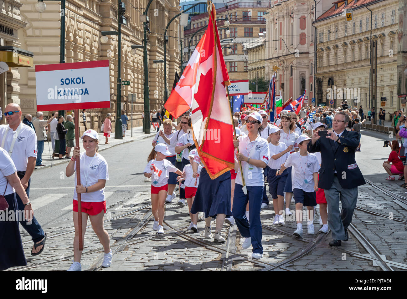 PRAGUE, CZECH REPUBLIC - JULY 1, 2018: Canadian visitors parading at Sokolsky Slet, a once-every-six-years gathering of the Sokol movement - a Czech s Stock Photo