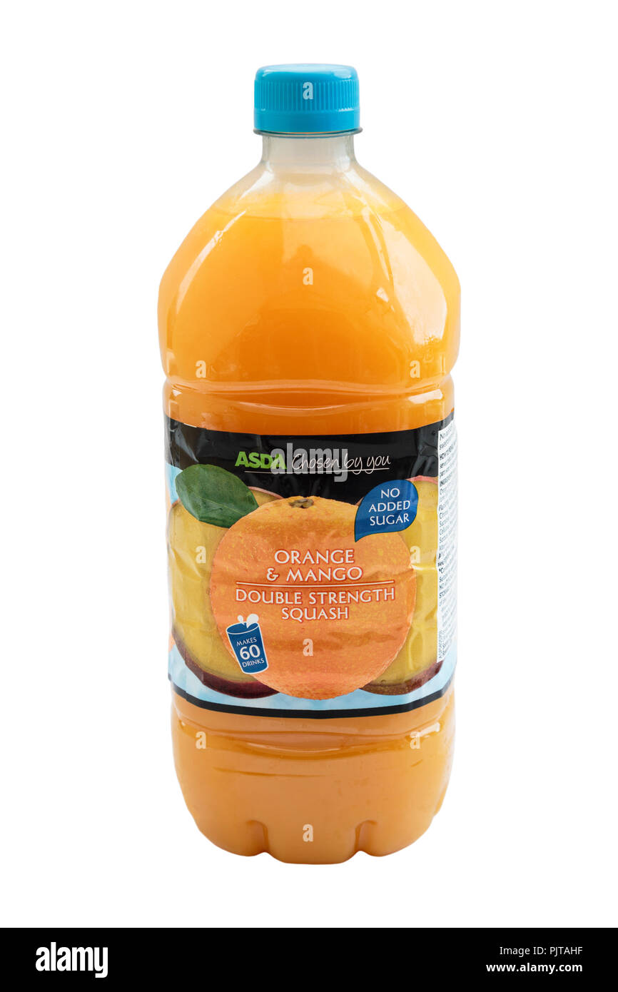 Single use plastic bottle of Asda Orange and Mango squash with no added sugar cutout and isolated on a white background. Stock Photo