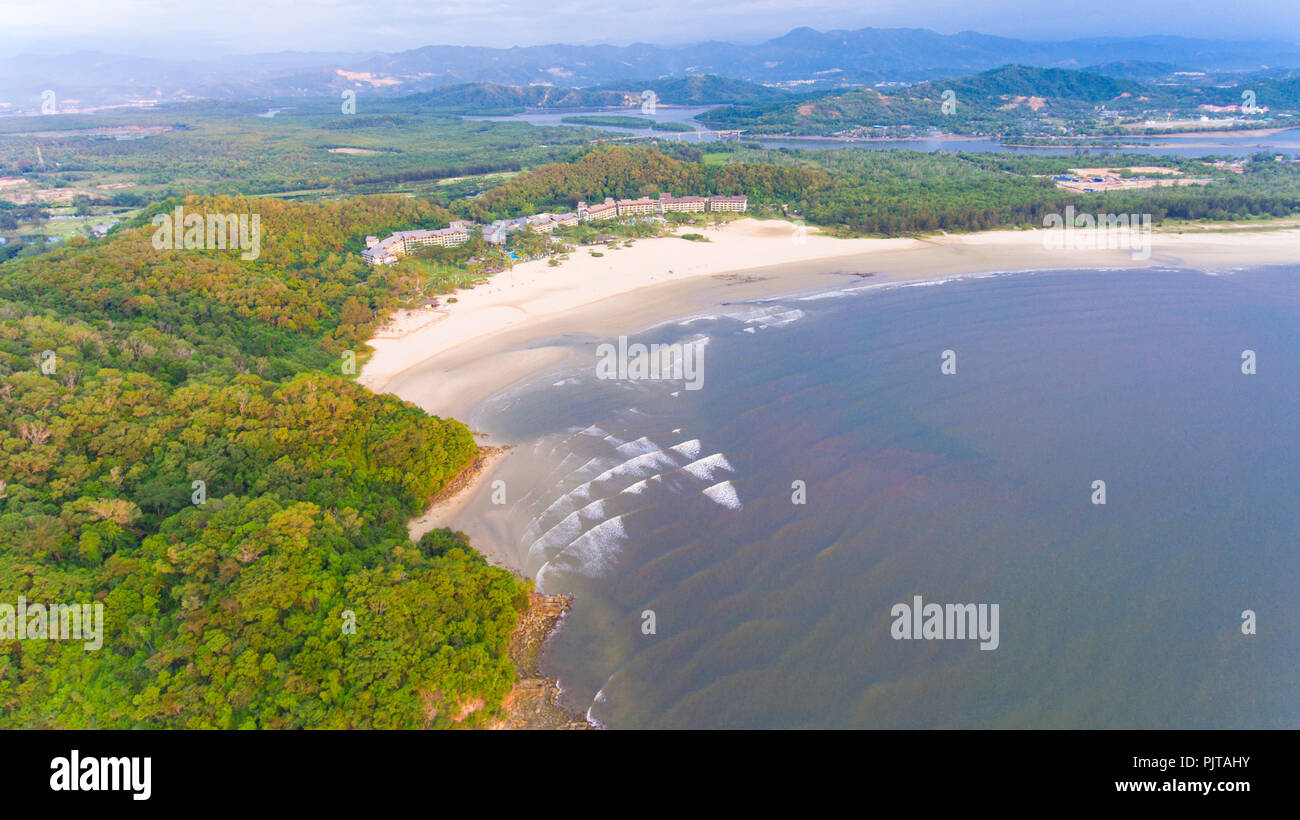 An aerial drone Shangri La Rasa Ria Resort located in Tuaran,Sabah,Malaysia. The most of beautiful hotel and resort for vacation near of Kota Kinabalu Stock Photo