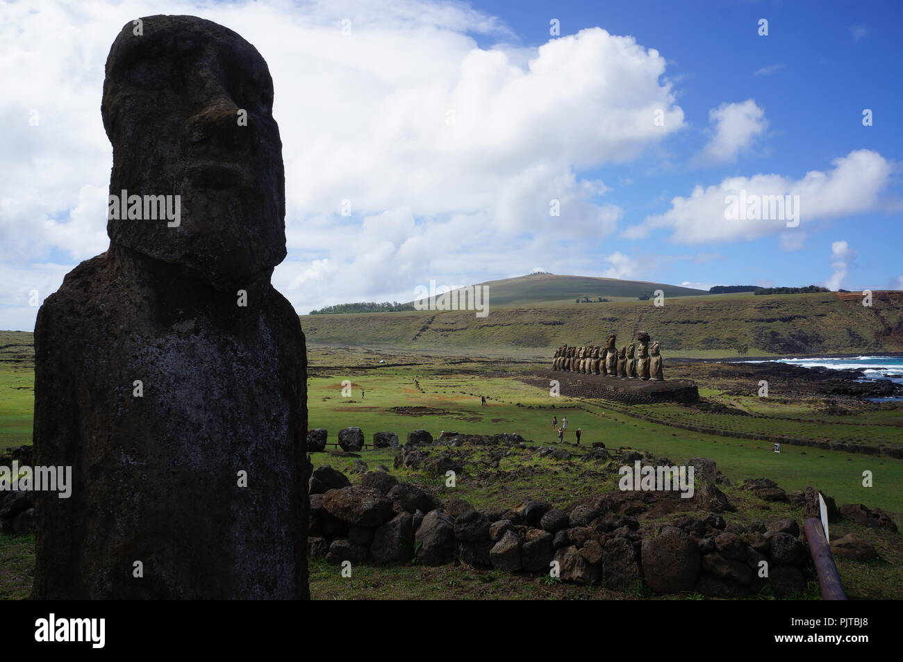 Moai heads at Ahu Tongariki, Easter Island with close up at entrance of