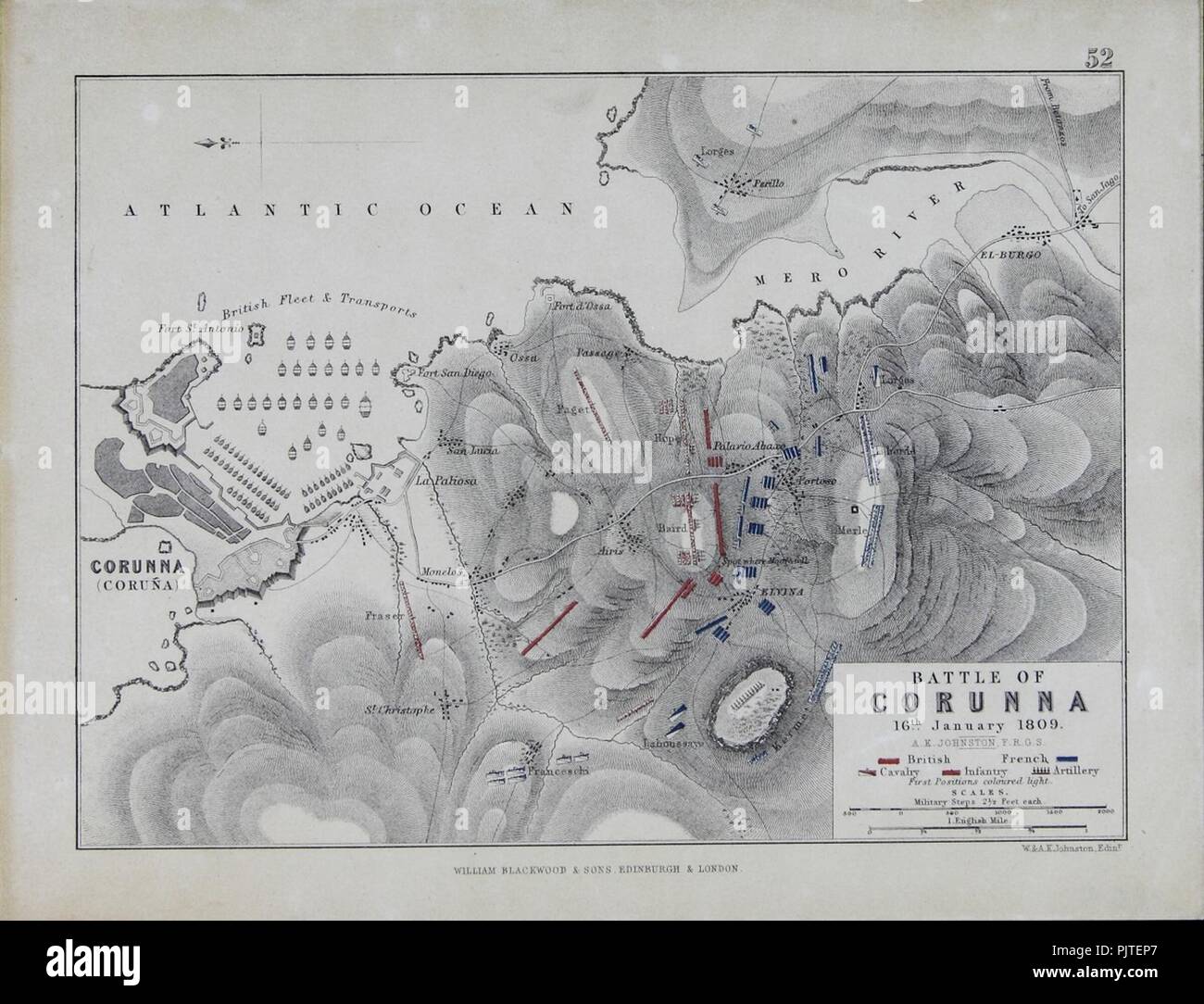 Batalla de Elviña (Battle of Corunna) - 16-01-1809 - mapa (map). Stock Photo