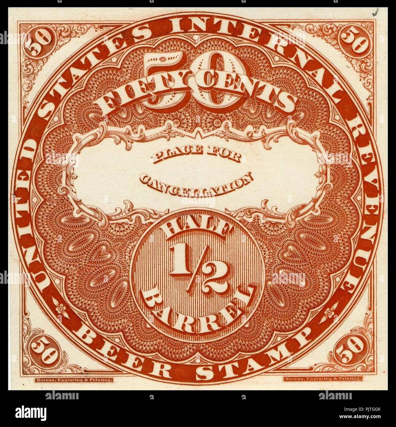 Beer revenue stamp 50c 1870 issue. Stock Photo