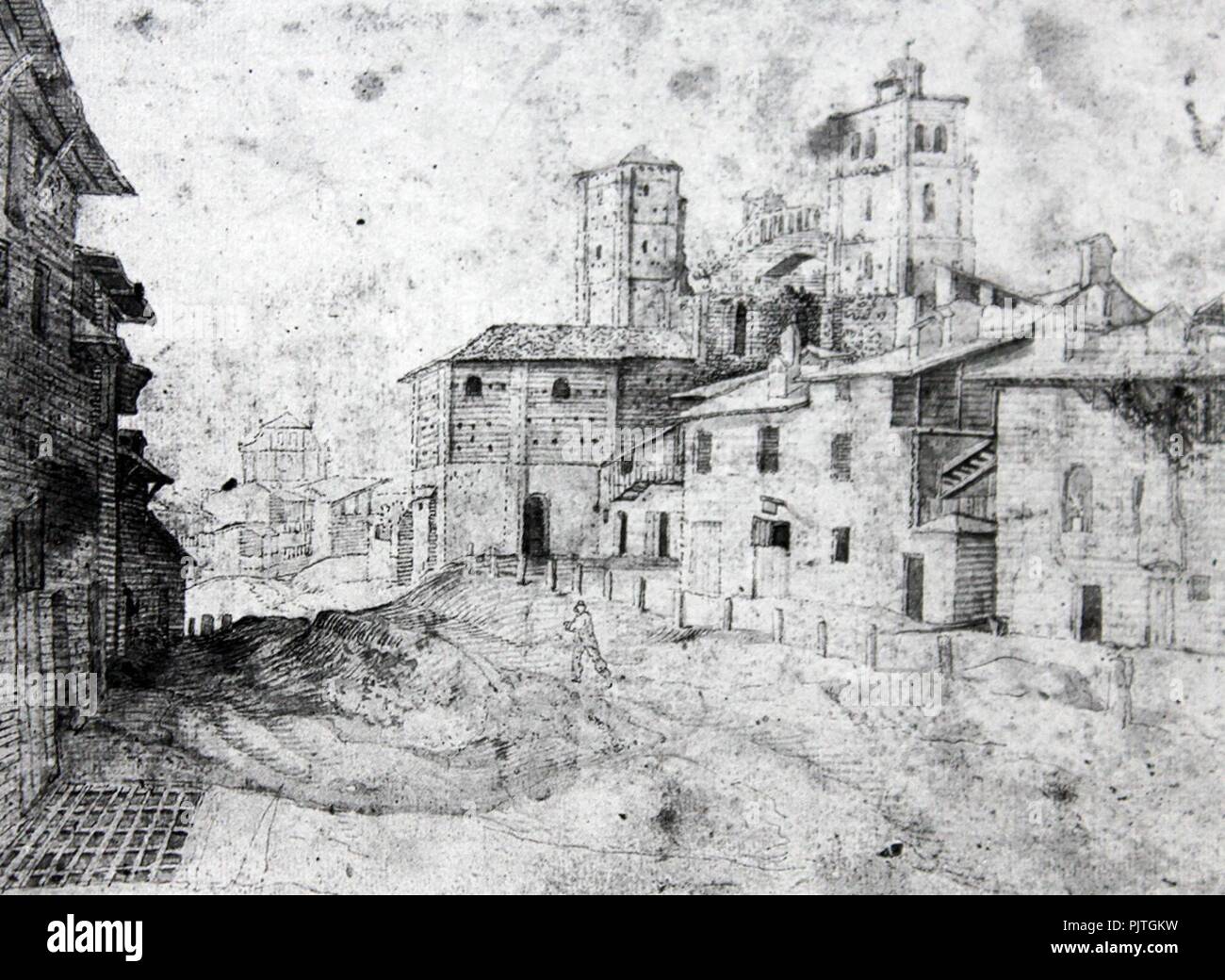 Basilica di San Lorenzo Maggiore dopo il crollo della cupola Milano 1574. Stock Photo