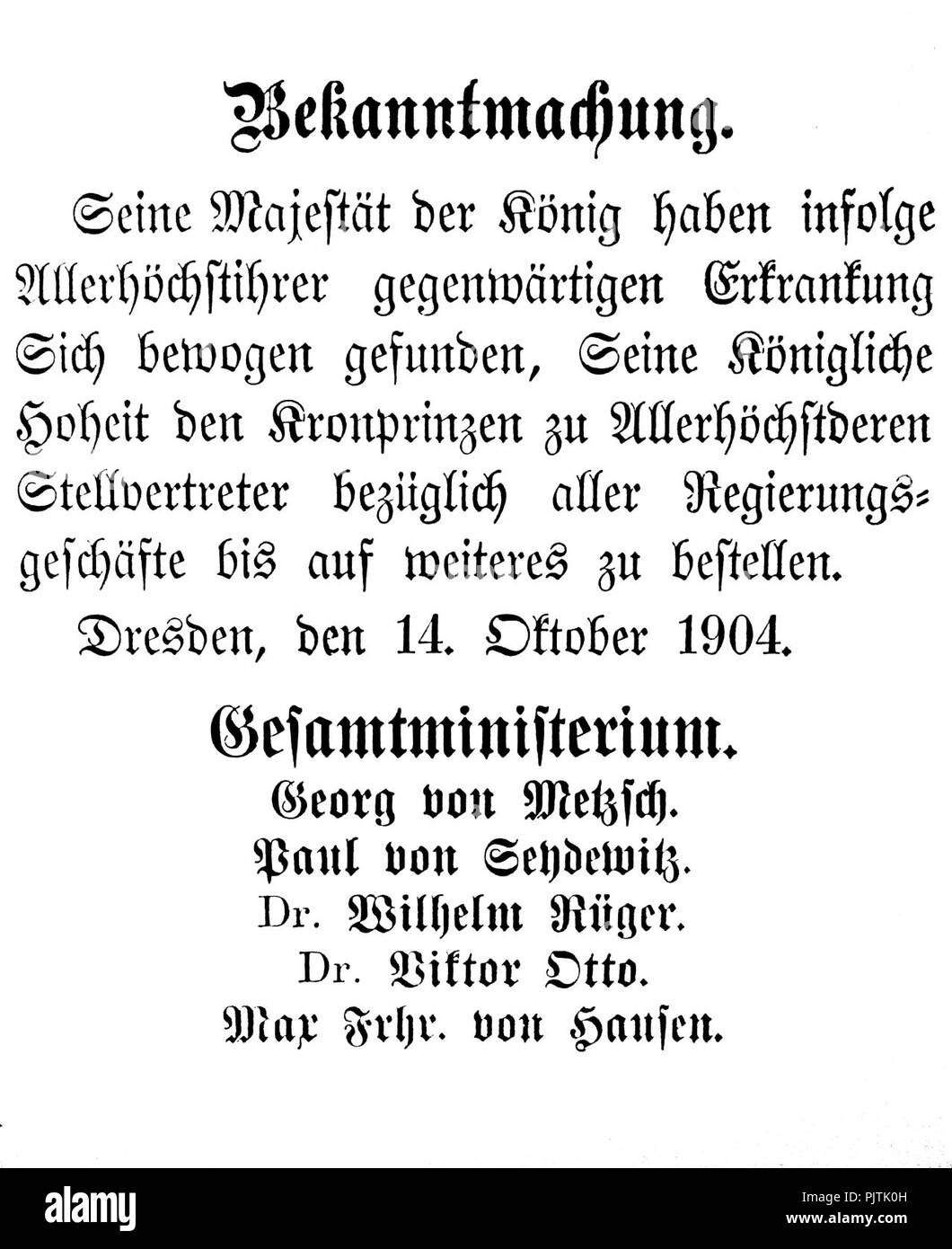 Bekanntmachung Regierungsübernahme Friedrich August III-2. Stock Photo