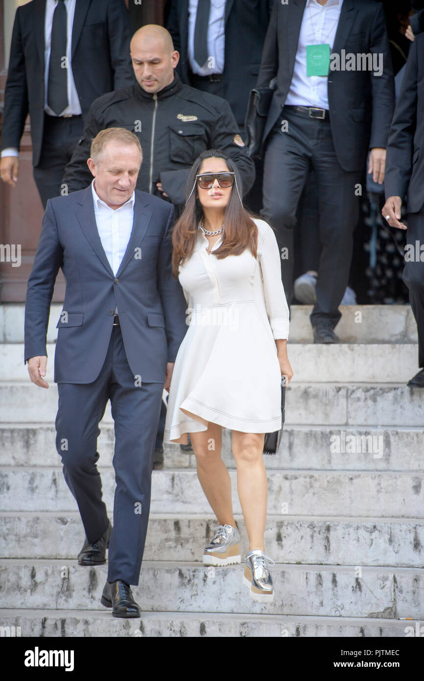 Salma Hayek departs with husband FrançoisHenri Pinault at the Stella