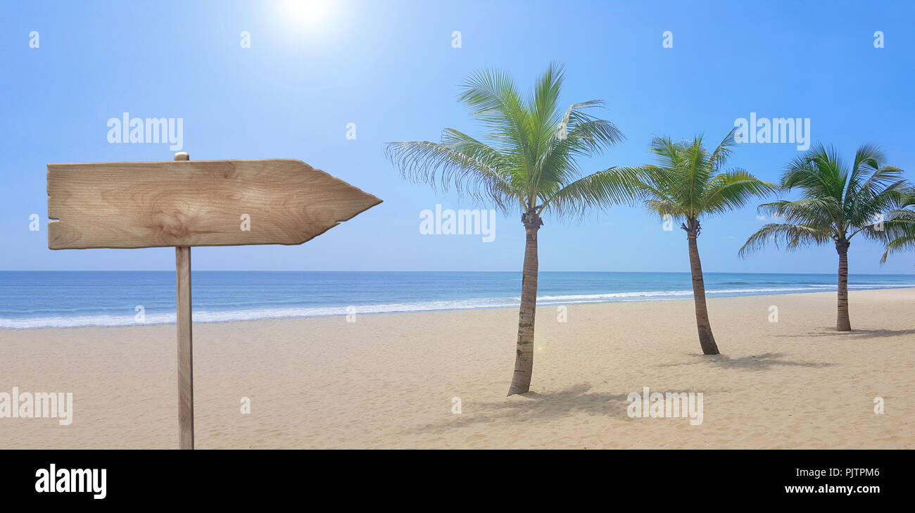 Beach with palm trees, blue sky and wooden sign Stock Photo - Alamy