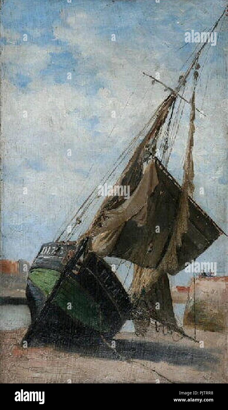 Bateau de pêche échoué dans le port de Dieppe par Frank Boggs. Stock Photo