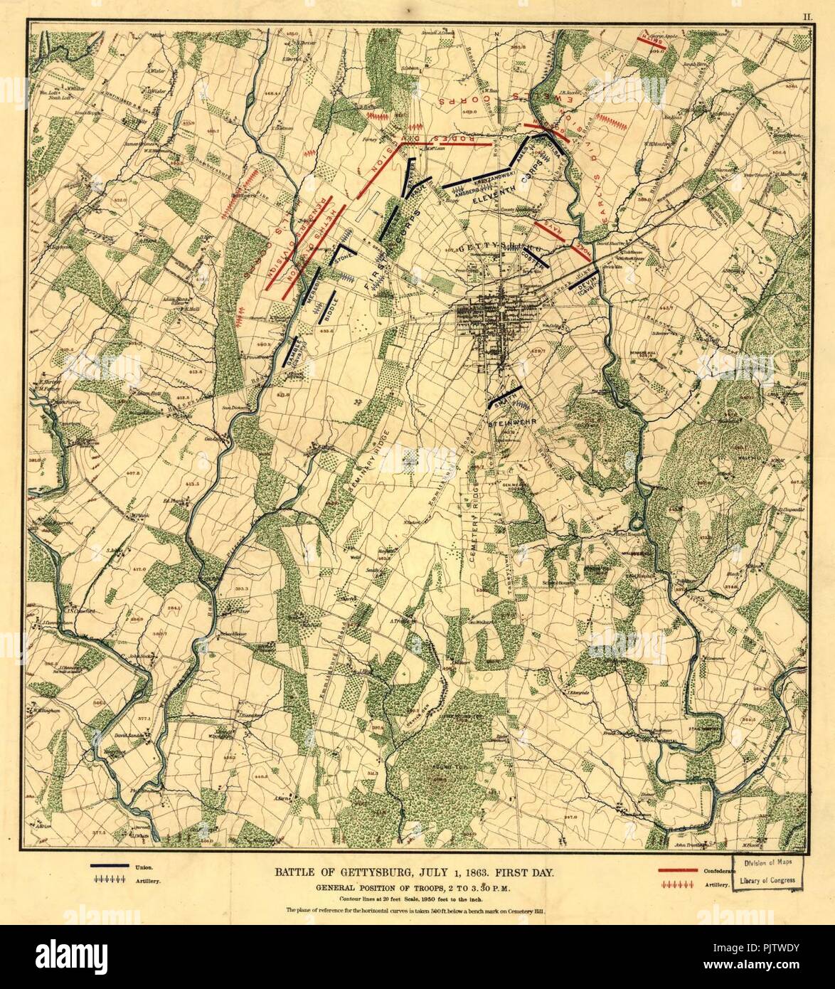 Battle of Gettysburg, July 1, 1863. First day. General position of troops, 2 to 3.30 p.m. Stock Photo