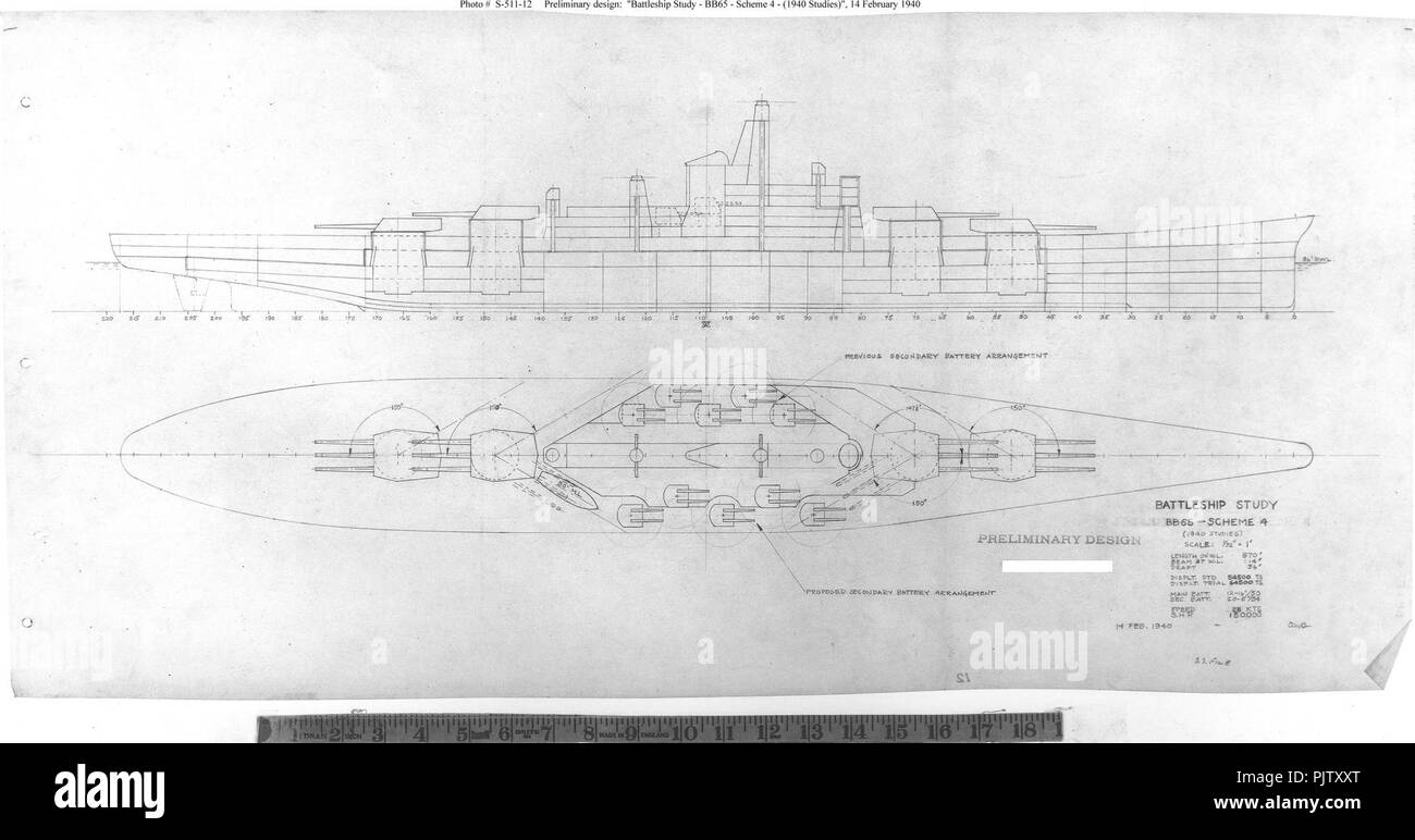 Battleship Study - BB65 - Scheme 4 - (1940 Studies). Stock Photo