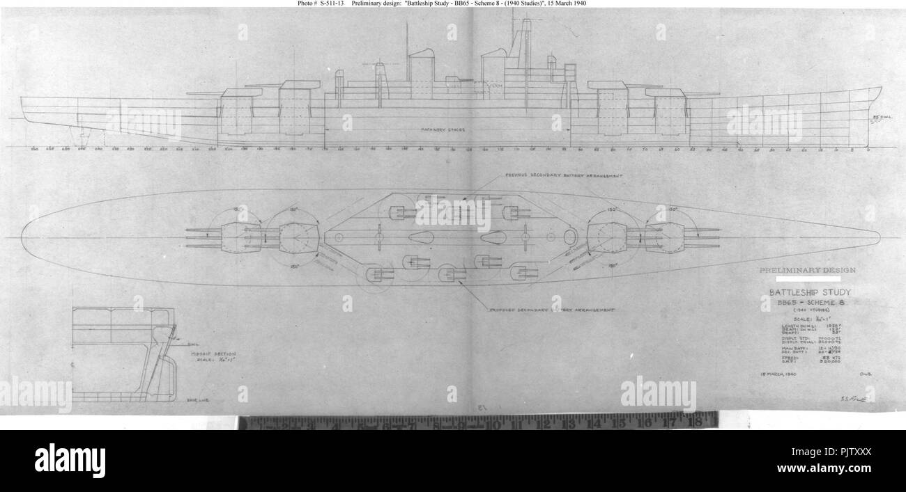 Battleship Study - BB65 - Scheme 8 - (1940 Studies). Stock Photo