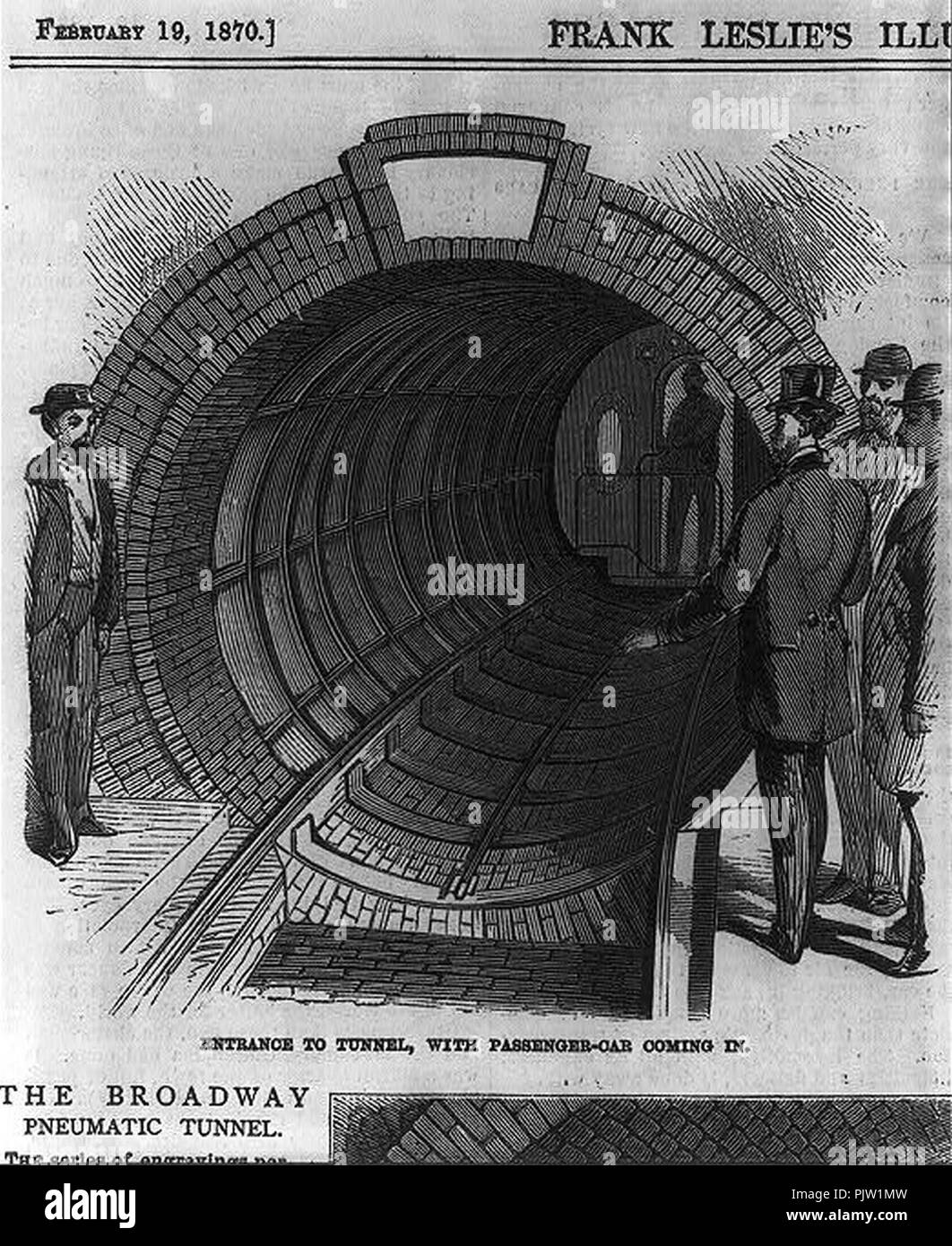 Beach's pneumatic subway, Broadway, N.Y.C.)- 73659 - Entrance to tunnel, with passenger car coming in; 73660 - Interior of the passenger car; 73661 - Advancing the shield - interior of the Stock Photo