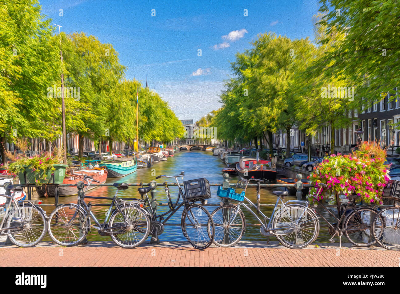 Amsterdam canal oil painting. Colorful plants and bicycles on a bridge. Stock Photo