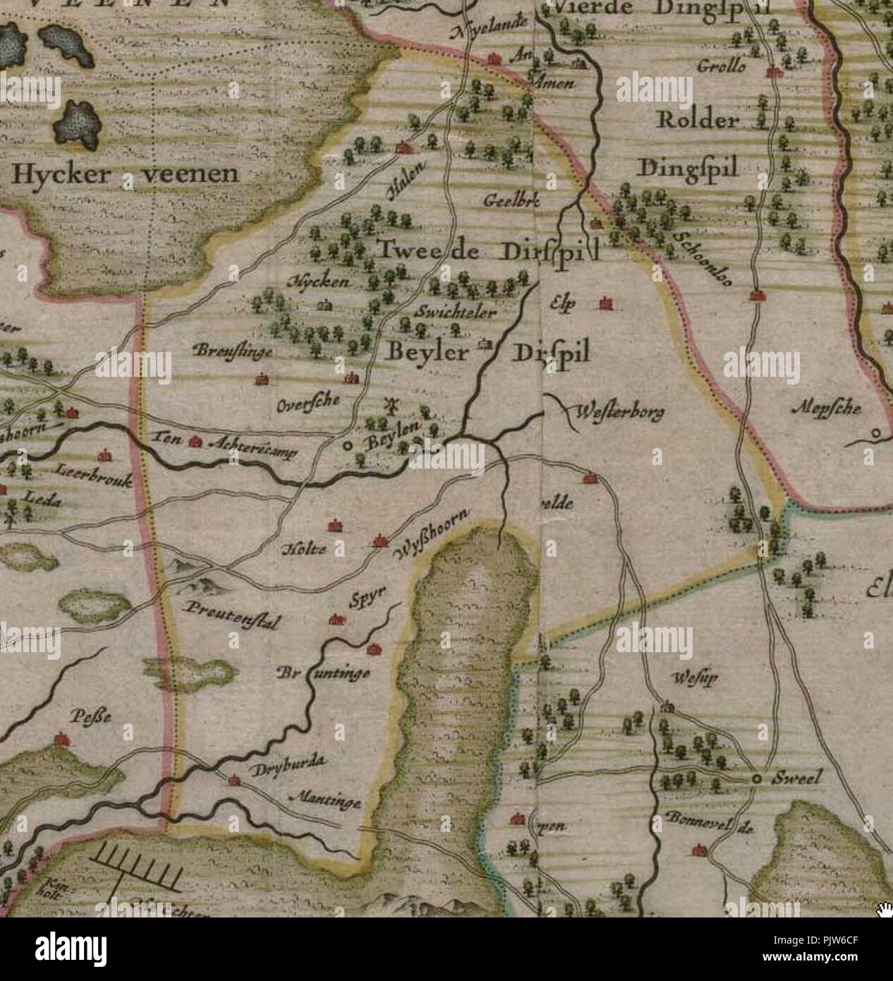 Beilerdingspel op kaart van Drenthe door Cornelis Pijnacker. Stock Photo