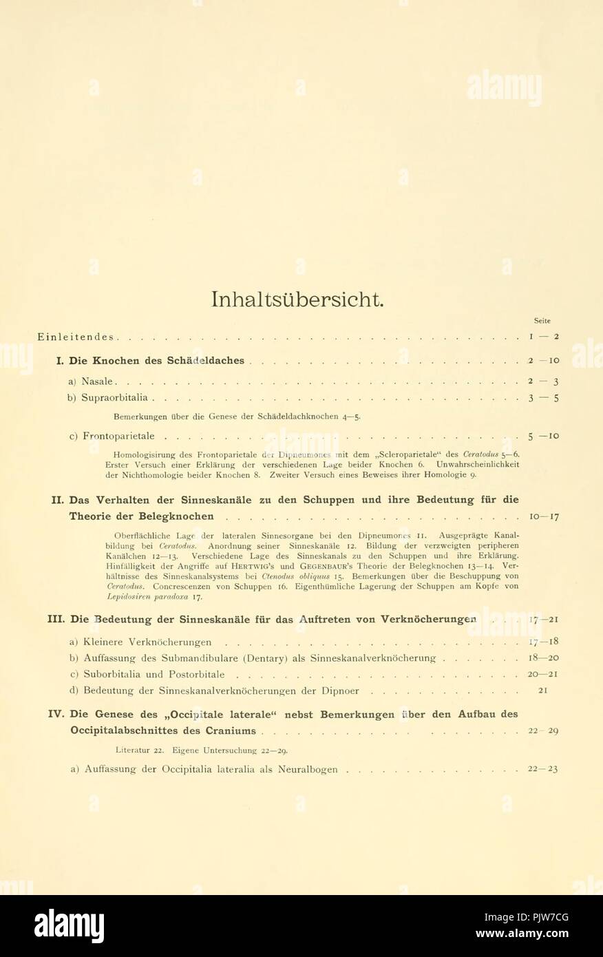 Beiträge zur morphologie des skeletes der dipnoer (Page (v), Table of Contents, p. v-viii) Stock Photo