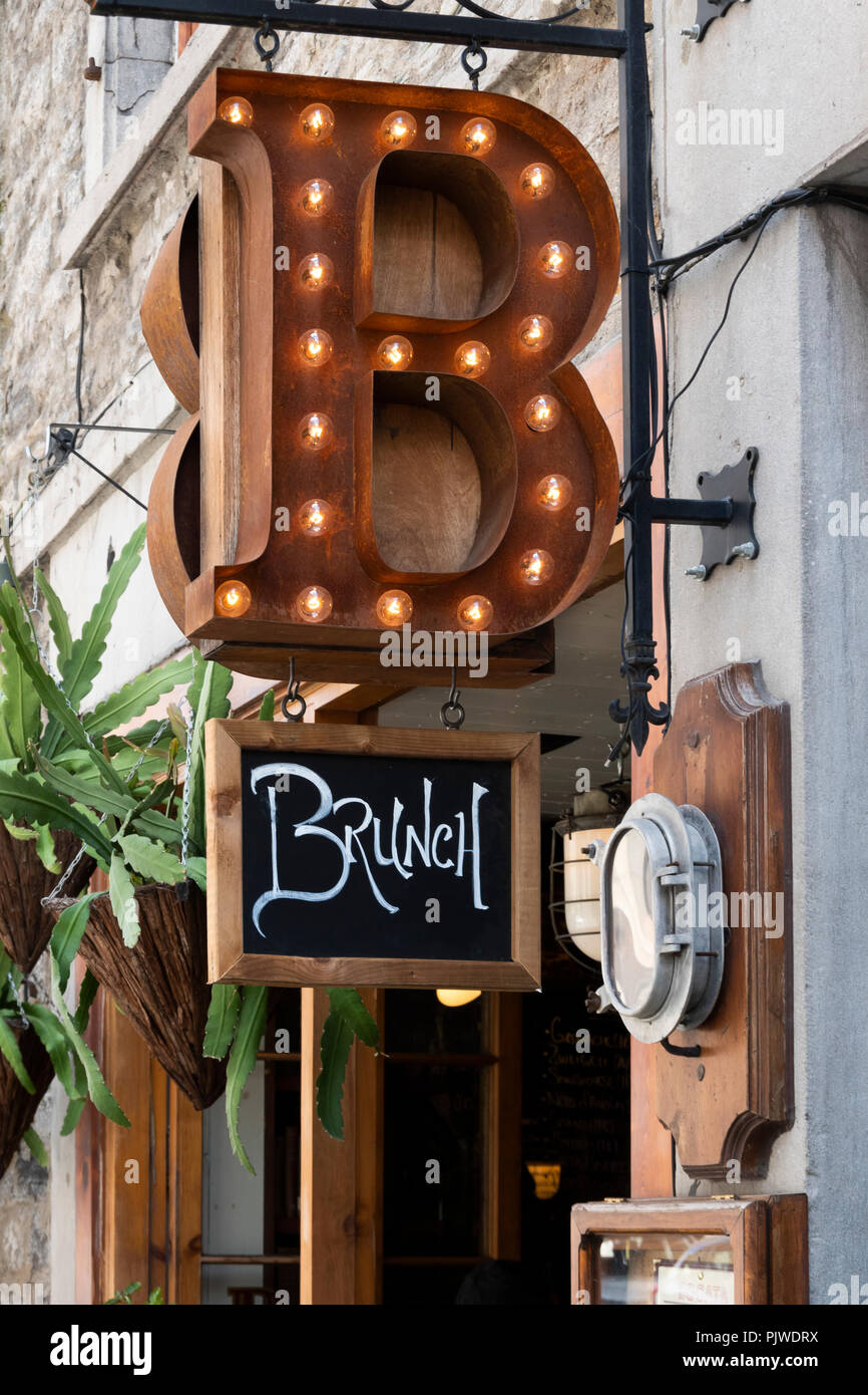 Brunch sign outside Bocata Restaurant and Wine Bar on Rue Saint-Paul in Montreal Old Town Stock Photo