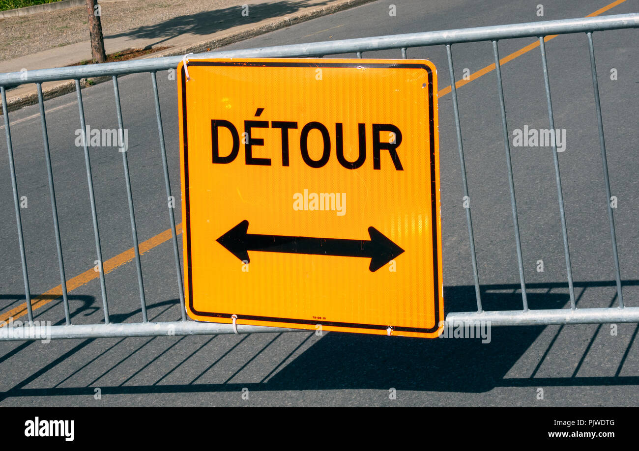 Detour sign in the French Canadian city of Montreal Stock Photo