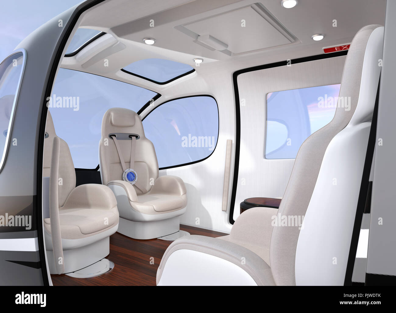 Passenger Drone Interior with front passenger seats turned backward.  Headsets on each seats. 3D rendering image Stock Photo - Alamy
