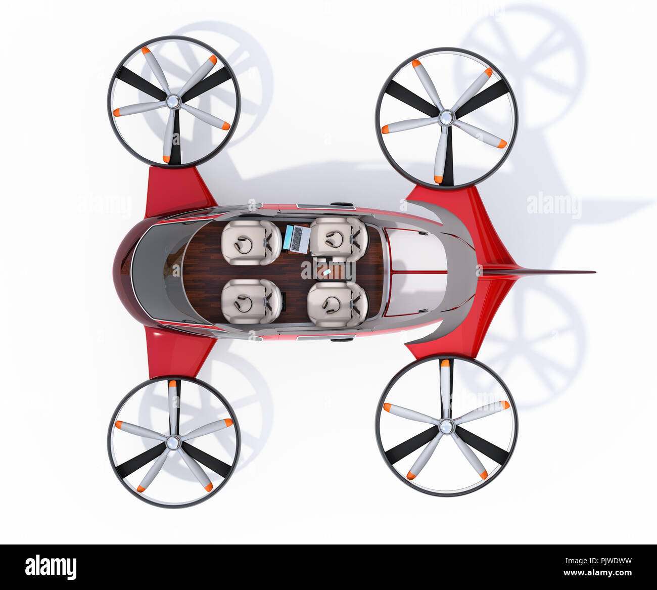 Cutaway view of Passenger Drone with interior layout on white background. 3D rendering image. Stock Photo
