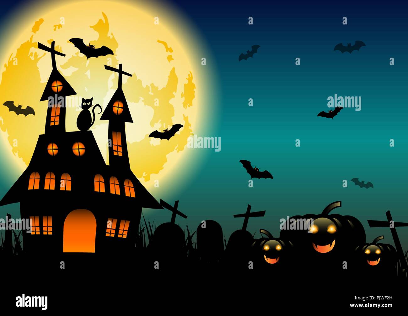 Spooky Halloween background with pumpkins and black cat, stock vector ...