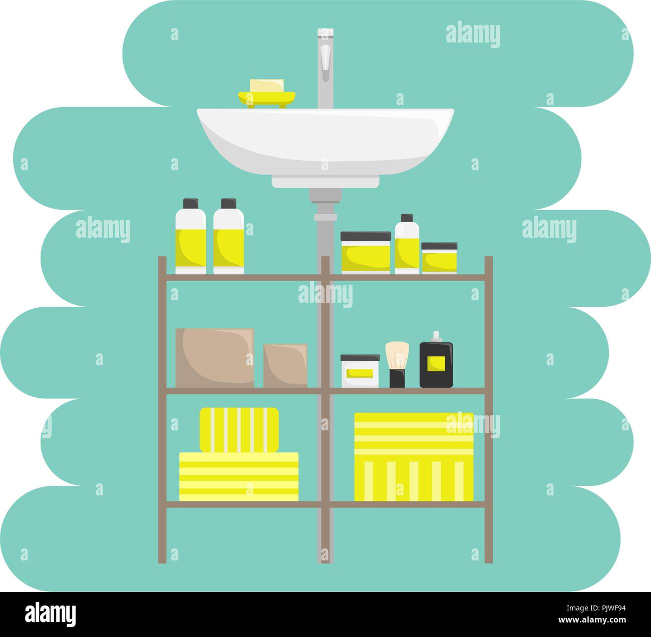 Flat color illustration of a bathroom interior. A sink with a rack. Stock Vector