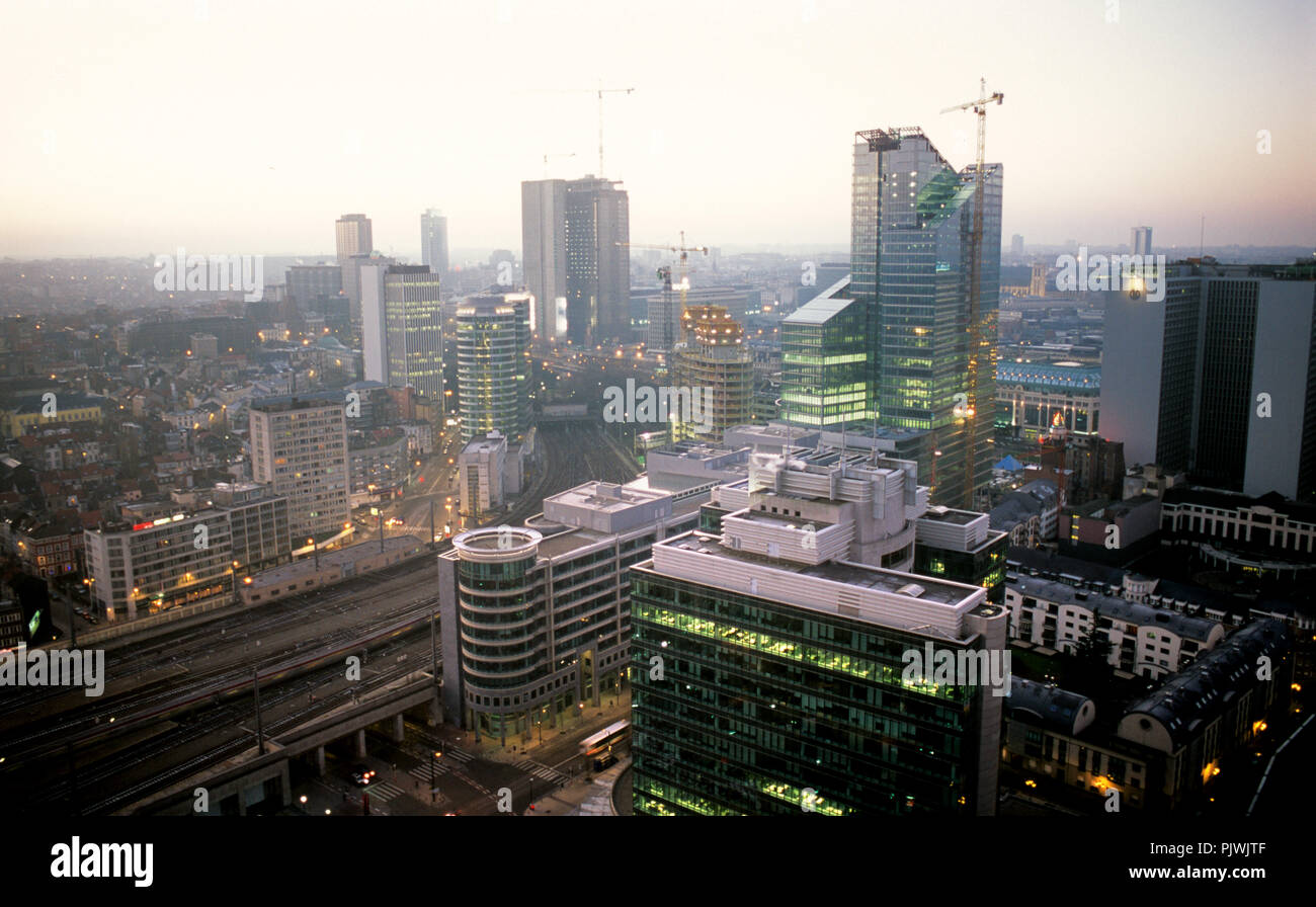 Panoramic view over Brussels at sunset from the roof of the Belgacom Tower (Belgium, 14/01/2006) Stock Photo