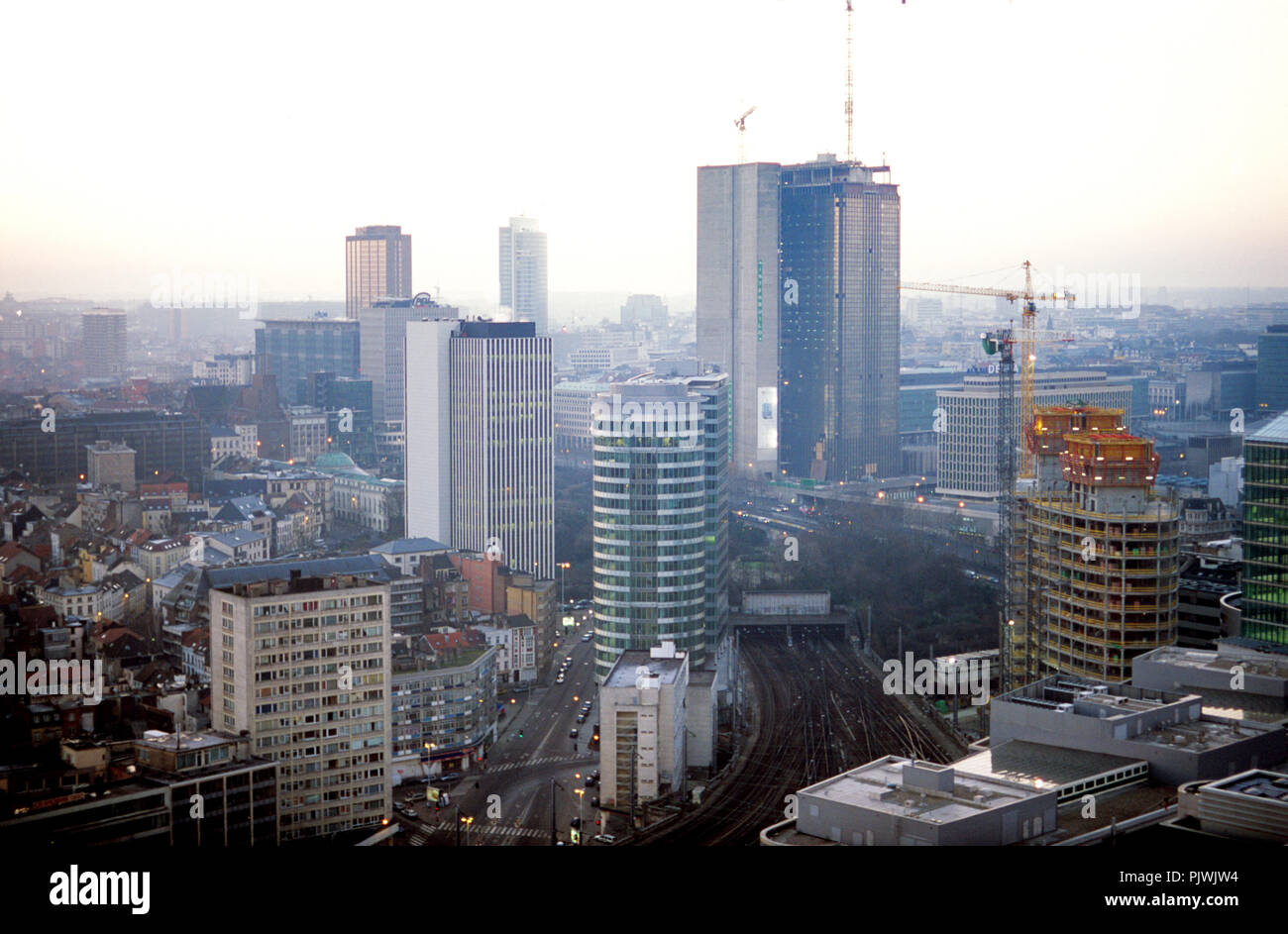 Panoramic view over Brussels at sunset from the roof of the Belgacom Tower (Belgium, 14/01/2006) Stock Photo