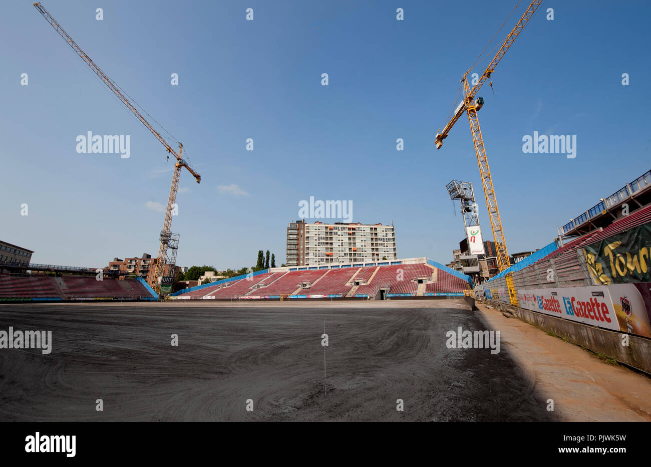 The football pitch being replaced in the Stade du Pays de Charleroi