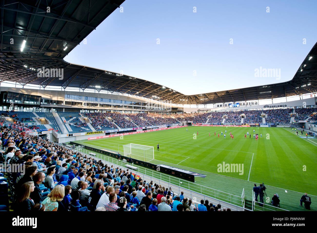 The Ghelamco Arena football stadium from football club KAA Gent in Ghent,  designed by Bontinck Architecture and Engineering (Belgium, 31/08/2013  Stock Photo - Alamy