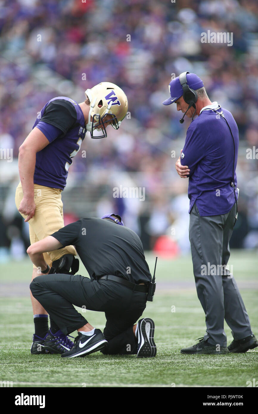 Seattle, WA, USA. 8th Sep, 2018. Washington Huskies quarterback Jake Browning (3) has his knee checked out by a trainer and Washington Huskies head coach Chris Petersen during a game between the North Dakota Fighting Hawks and Washington Huskies at Husky Stadium in Seattle, WA. The Huskies won 45-3. Sean Brown/CSM/Alamy Live News Stock Photo