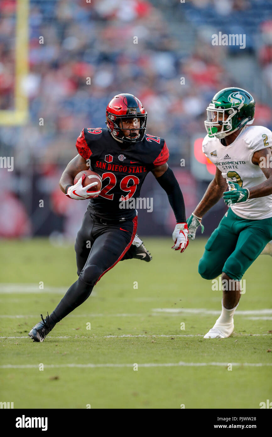 San Diego, California, USA. 8th Sep, 2018. San Diego State Aztecs running back Juwan Washington (29) carries the ball for a first down against the Sacramento State Hornets at SDCCU Stadium in San Diego, California. Michael Cazares/Cal Sport Media. Credit: csm/Alamy Live News Stock Photo