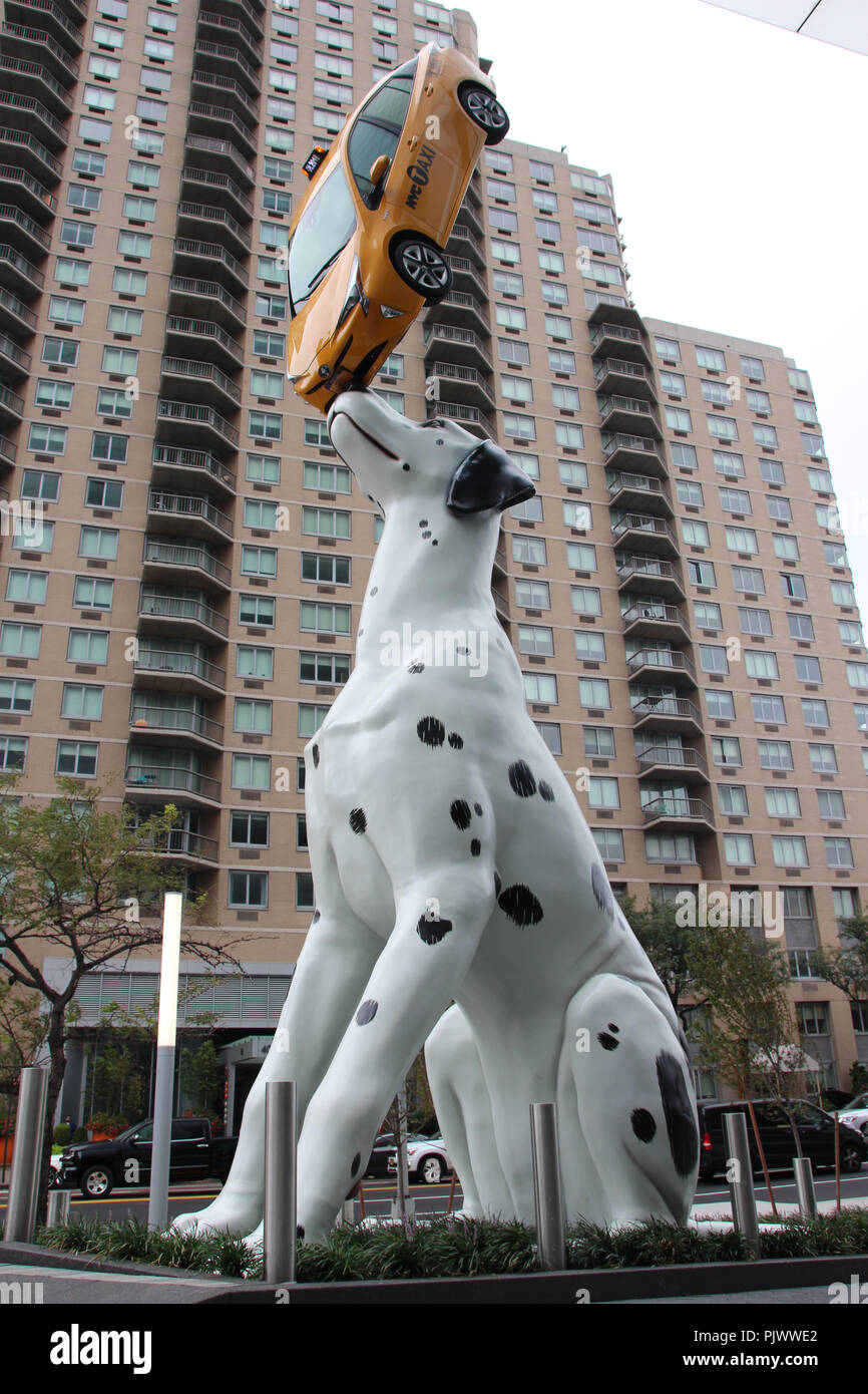 New York, USA. 07th Sep, 2018. The work "Spot" by artist Donald Lipski  stands in front of a children's hospital in Manhattan. The sculpture shows  a Dalmatian, almost twelve metres high, balancing