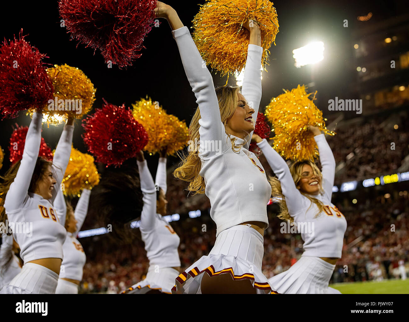 Stanford, California, USA. 08th Sep, 2018. The USC cheerleaders try to rally up the fans in the fourth quarter, during a NCAA Football game between the USC Trojans and the Stanford Cardinal at the Stanford Stadium in Stanford, California. Valerie Shoaps/CSM/Alamy Live News Stock Photo
