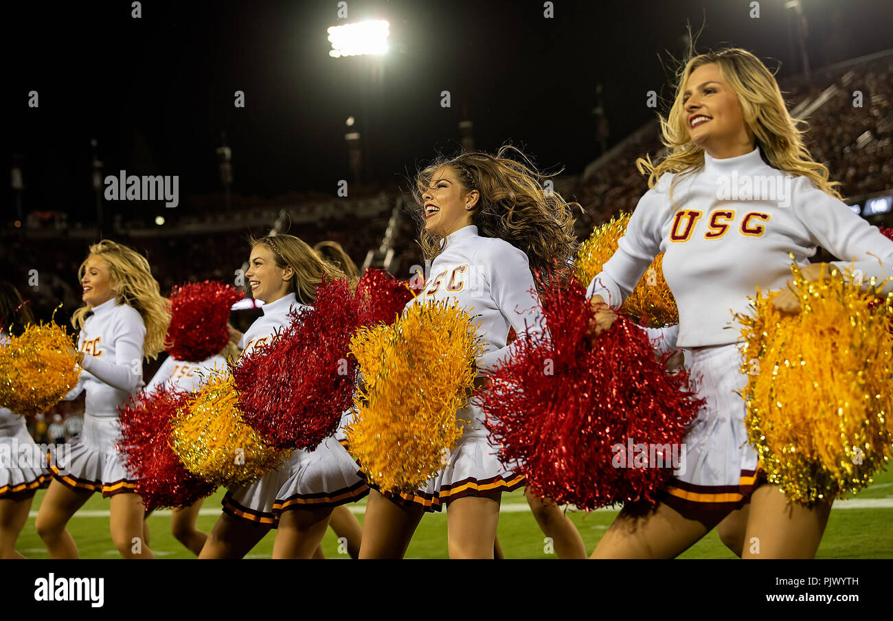 Stanford, California, USA. 08th Sep, 2018. The USC cheerleaders try to rally up the fans in the fourth quarter, during a NCAA Football game between the USC Trojans and the Stanford Cardinal at the Stanford Stadium in Stanford, California. Valerie Shoaps/CSM/Alamy Live News Stock Photo