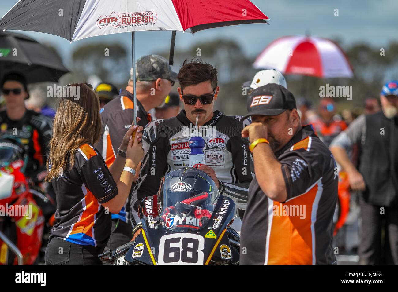 Victoria, Australia. 9th September 2018. #68 Mitch Levy on his Yamaha YZF-R1 On the Grid ready for race One of two for round six of the ASBK Credit: brett keating/Alamy Live News Stock Photo