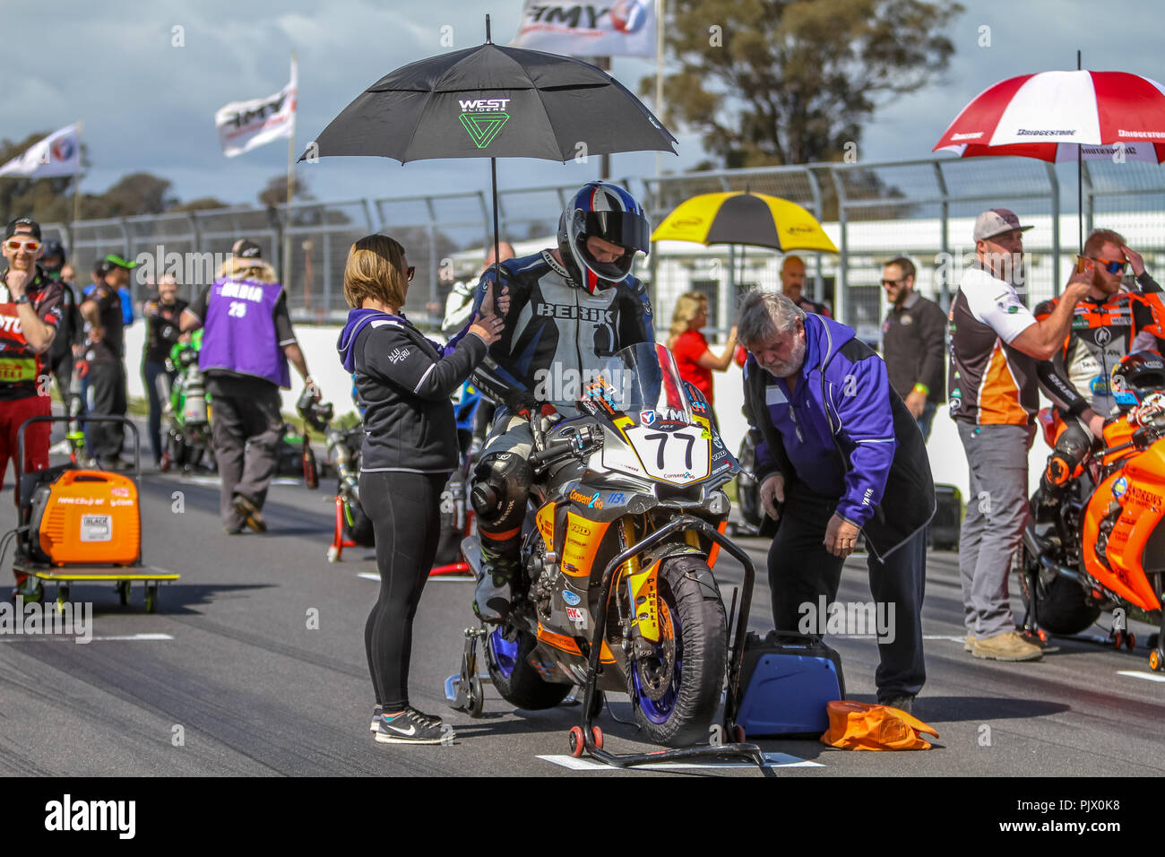 Victoria, Australia. 9th September 2018. #77 Adam Senior on his Yamaha YZF-R1 On the Grid ready for race One of two for round six of the ASBK Credit: brett keating/Alamy Live News Stock Photo