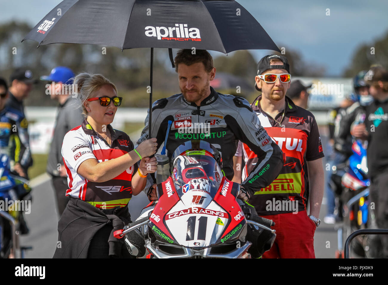 Victoria, Australia. 9th September 2018. #11 Phil Czaj on his Aprilla RSV4-RFW On the Grid ready for race One of two for round six of the ASBK Credit: brett keating/Alamy Live News Stock Photo