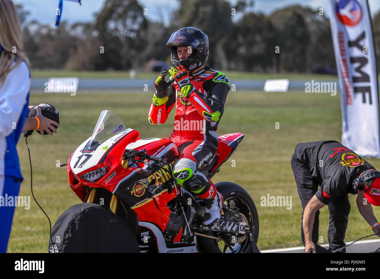 Victoria, Australia. 9th September 2018. #17 Troy Herfoss on his Honda CBR1000SP- On the Grid ready for race One of two for round six of the ASBK Credit: brett keating/Alamy Live News Stock Photo