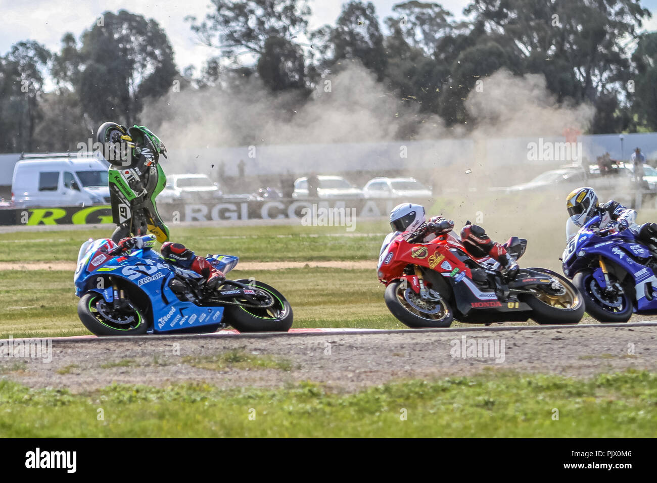 Victoria, Australia. 9th September 2018. Brian Staring loses controll of his Kawasaki ZX-10R during race One of Round Six of the ASBK. Credit: brett keating/Alamy Live News Stock Photo