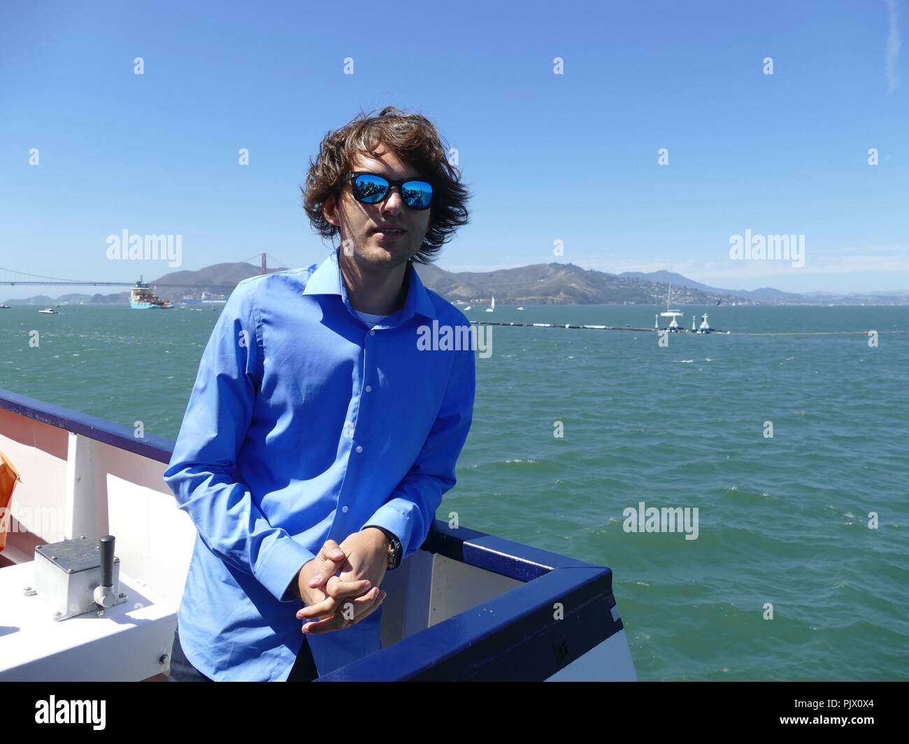 San Francisco, USA. 08th Sep, 2018. 08.09.2018, USA, San Francisco: The  Dutchman Boyan Slat, founder of the initiative "Ocean Cleanup", is on the  press boat. In San Francisco Bay, the "The Ocean
