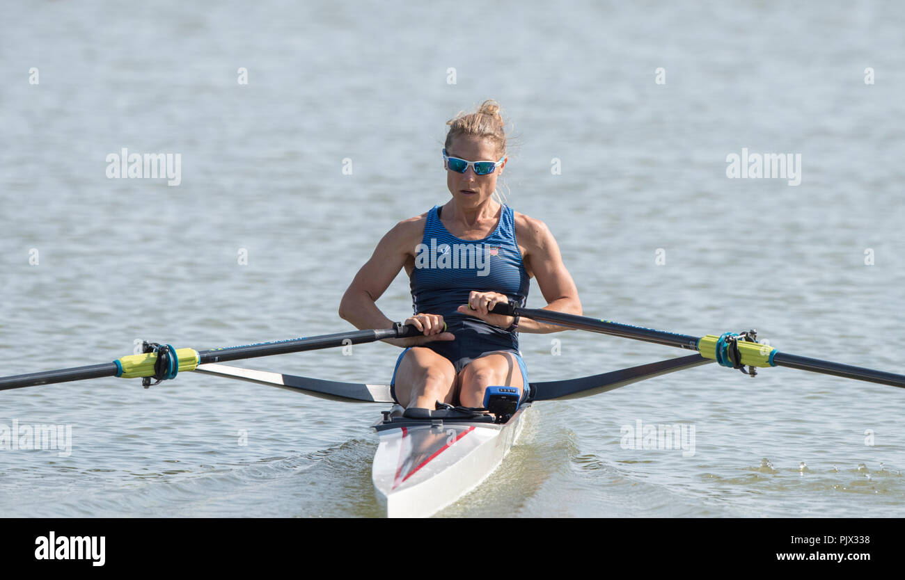 Plovdiv, Bulgaria, Sunday, 9th September 2018. FISA, World Rowing Championships, USA, LW1X, Michelle SECHSER, competing in her heat, Lightweight Women's Single Sculls, © Peter SPURRIER, Alamy Live  News Stock Photo
