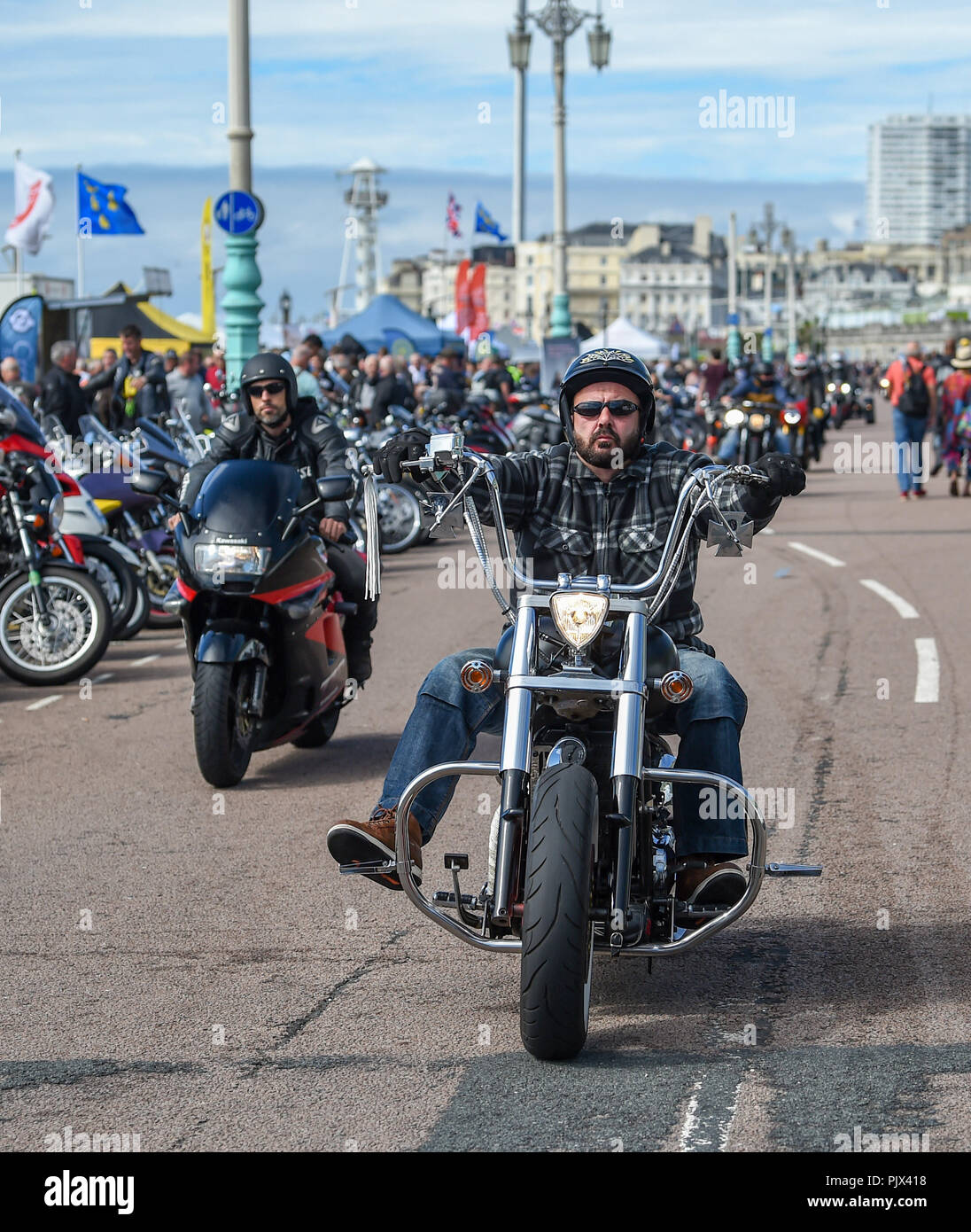 Brighton, UK. 9th September 2018. Thousands of bikers and rockers enjoy the annual Ace Cafe Reunion Brighton Burn Up and Ride with the Rockers event  on a hot sunny day on the south coast . Every year thousands of bikers ride from the iconic Ace Cafe in London to Madeira Drive on Brighton seafront where they enjoy a day of music and nostalgia Photograph taken by Simon Dack Credit: Simon Dack/Alamy Live News Stock Photo