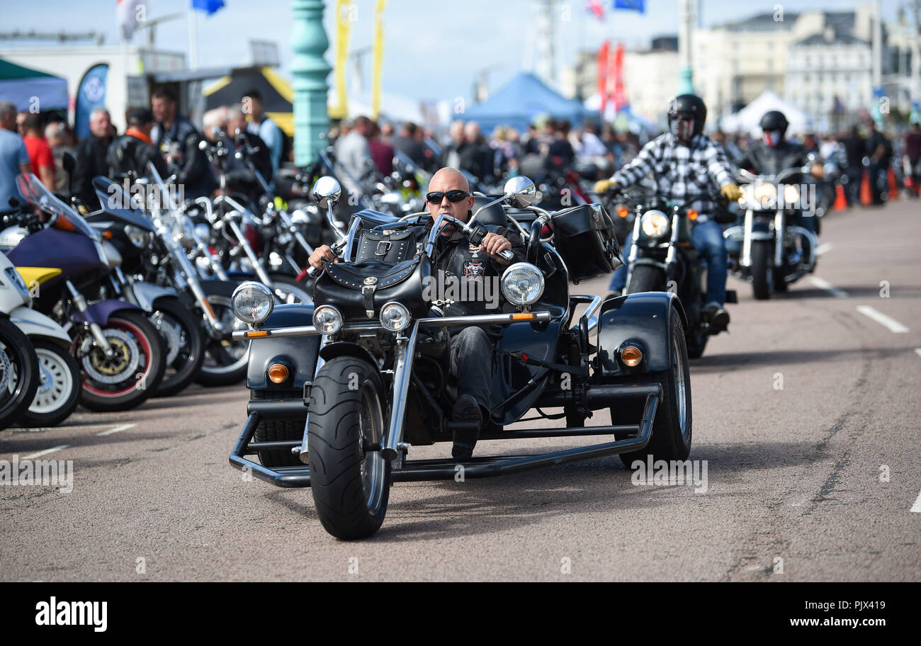 Brighton, UK. 9th September 2018. Thousands of bikers and rockers enjoy the annual Ace Cafe Reunion Brighton Burn Up and Ride with the Rockers event  on a hot sunny day on the south coast . Every year thousands of bikers ride from the iconic Ace Cafe in London to Madeira Drive on Brighton seafront where they enjoy a day of music and nostalgia Photograph taken by Simon Dack Credit: Simon Dack/Alamy Live News Stock Photo
