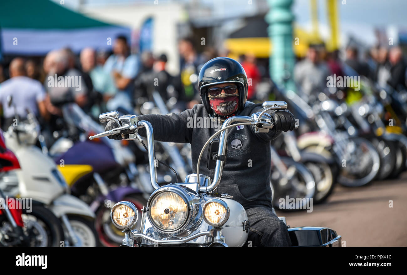 Brighton, UK. 9th September 2018. Thousands of bikers and rockers enjoy the annual Ace Cafe Reunion Brighton Burn Up and Ride with the Rockers event  on a hot sunny day on the south coast . Every year thousands of bikers ride from the iconic Ace Cafe in London to Madeira Drive on Brighton seafront where they enjoy a day of music and nostalgia Photograph taken by Simon Dack Credit: Simon Dack/Alamy Live News Stock Photo