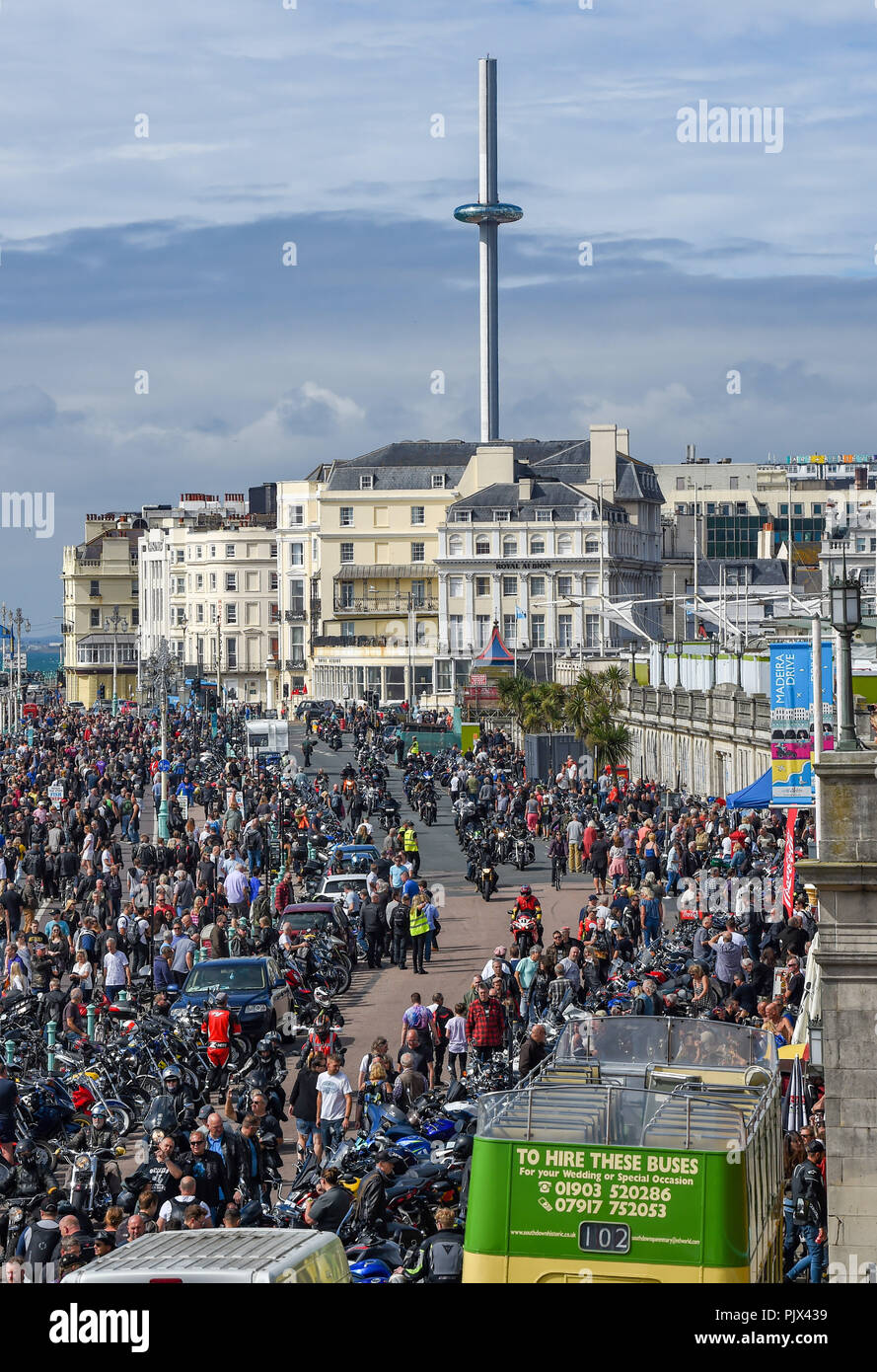 Brighton, UK. 9th September 2018. Thousands of bikers and rockers enjoy the annual Ace Cafe Reunion Brighton Burn Up and Ride with the Rockers event  on a hot sunny day on the south coast . Every year thousands of bikers ride from the iconic Ace Cafe in London to Madeira Drive on Brighton seafront where they enjoy a day of music and nostalgia Photograph taken by Simon Dack Credit: Simon Dack/Alamy Live News Stock Photo
