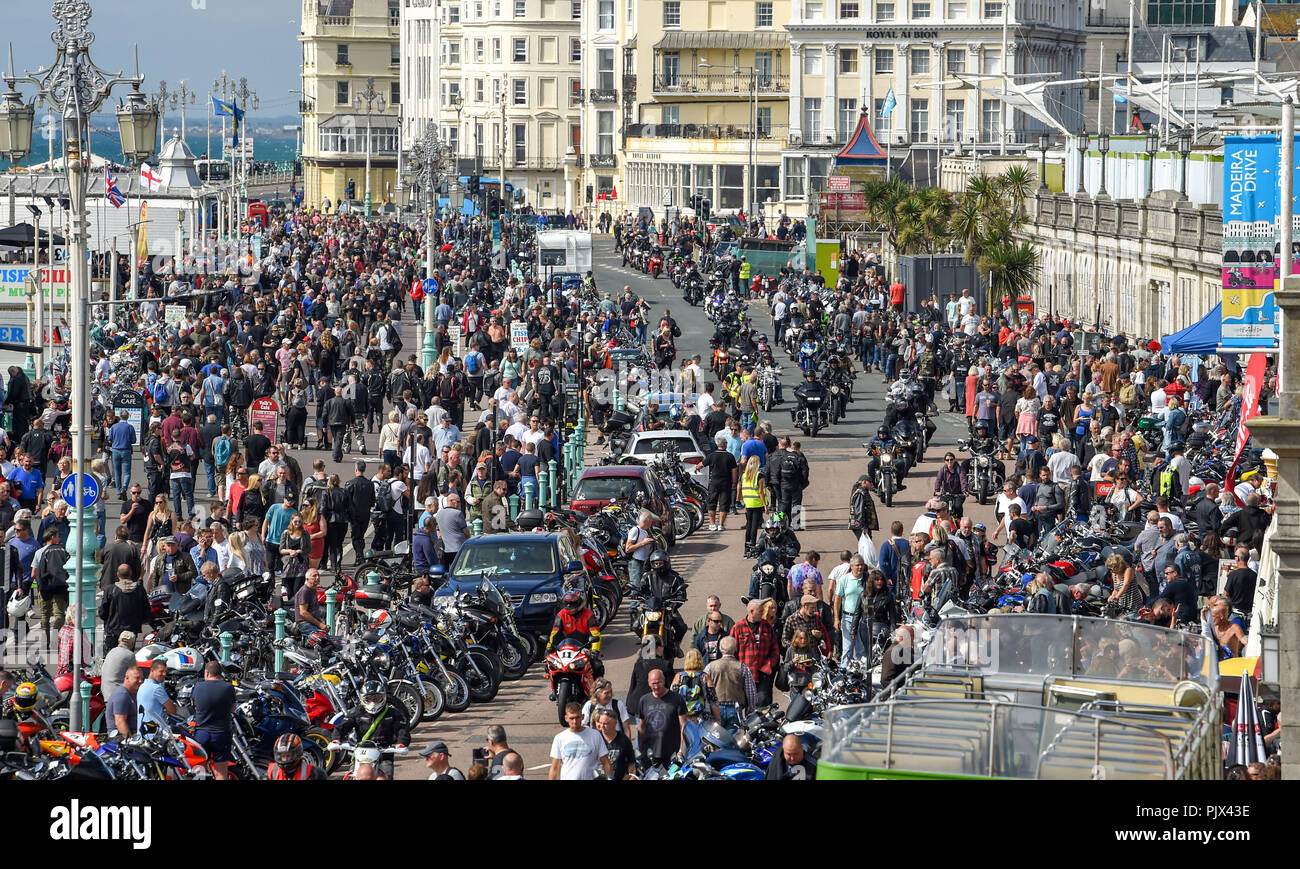 Brighton, UK. 9th September 2018. Thousands of bikers and rockers enjoy the annual Ace Cafe Reunion Brighton Burn Up and Ride with the Rockers event  on a hot sunny day on the south coast . Every year thousands of bikers ride from the iconic Ace Cafe in London to Madeira Drive on Brighton seafront where they enjoy a day of music and nostalgia Photograph taken by Simon Dack Credit: Simon Dack/Alamy Live News Stock Photo