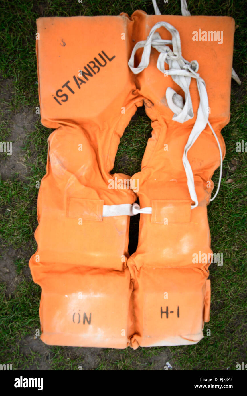 One of the 2,500 life jackets displayed in London's Parliament Square