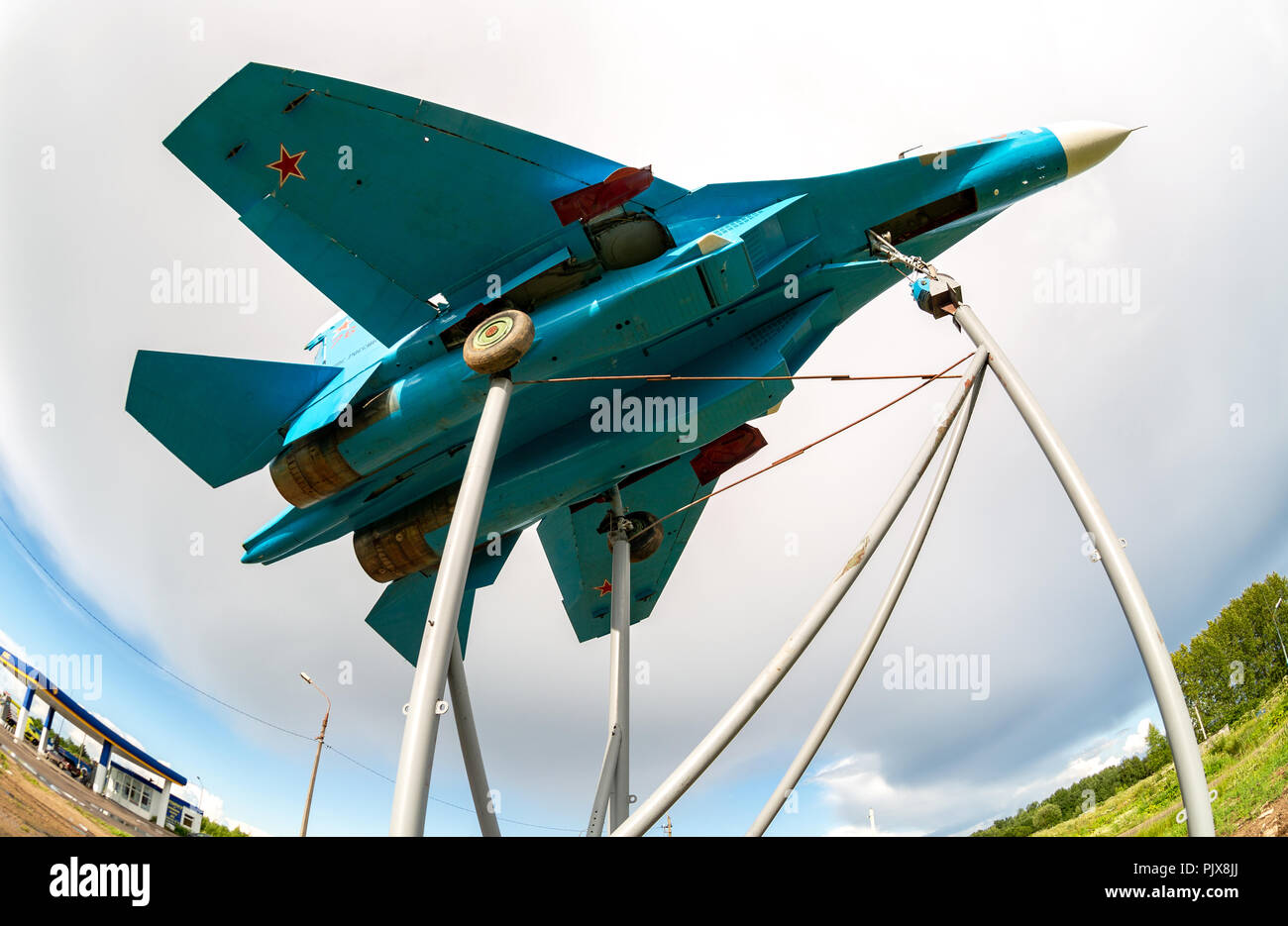 Bologoe, Russia - July 8, 2017: Russian fighter SU-27 as monument against the cloudy sky Stock Photo