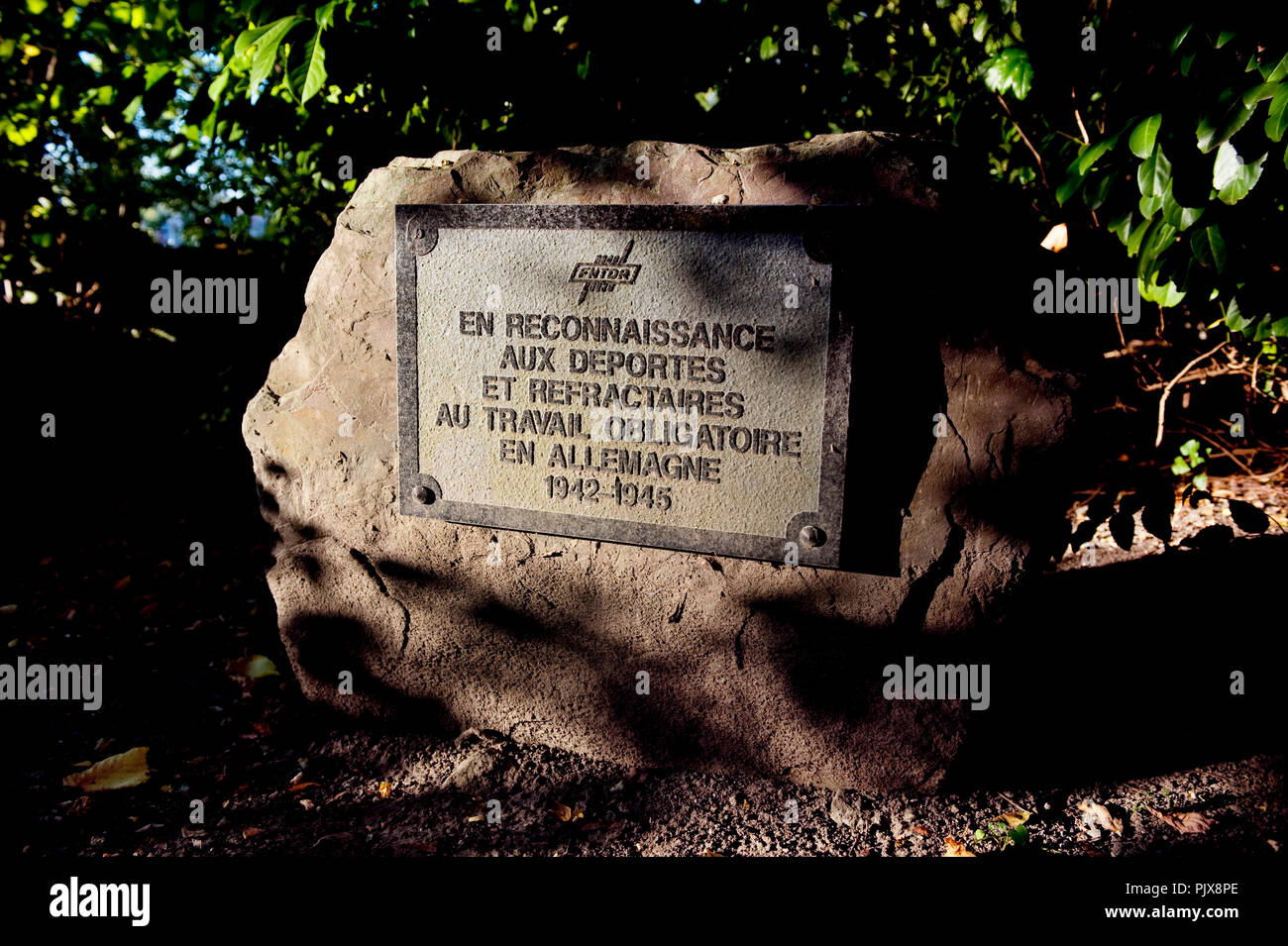 The memorial stone in memory of the deported and objectors during the Second World War in 1942-1945 in Huy (Belgium, 29/09/2011) Stock Photo