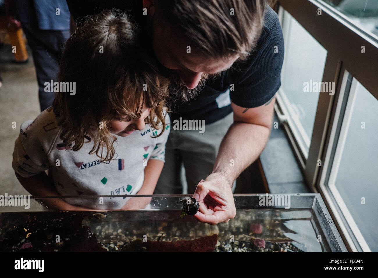 Father and daughter discovering sea life in aquarium Stock Photo