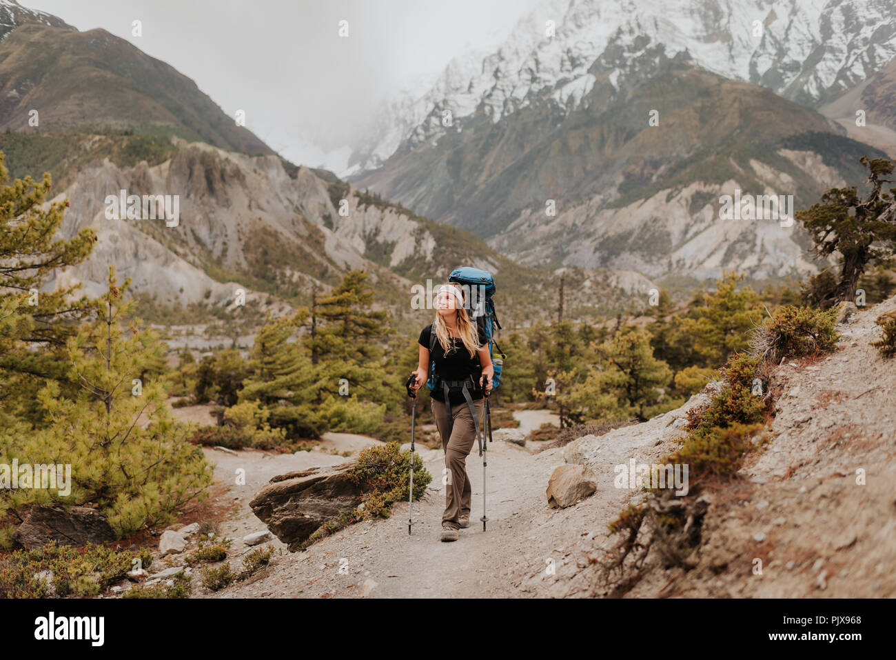 Hiker on trail, Annapurna Circuit, the Himalayas, Manang, Nepal Stock Photo